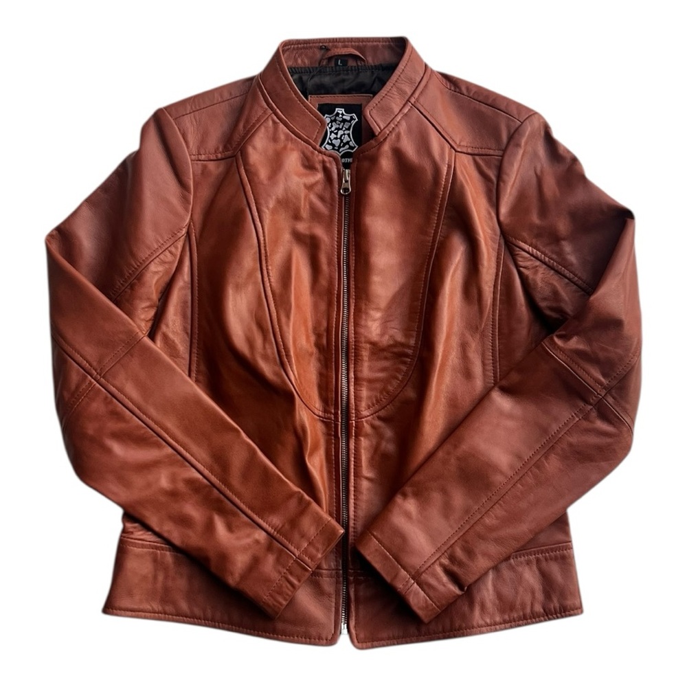 Women's Tan Brown Leather‎ Lambskin Cafe Racer Jacket Size Large